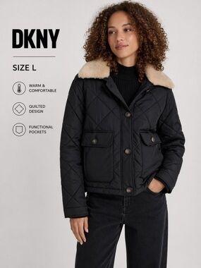 DKNY crop quilted stylish Streetwear  black Jacket with Faux Fur Trim winter /L